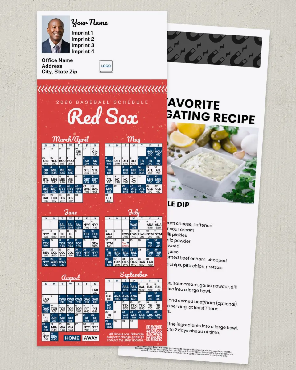This is a 3½" x 9" Baseball Schedule MagnetCard called Red Sox printed in full color