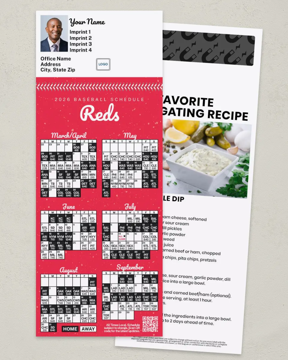 This is a 3½" x 9" Baseball Schedule MagnetCard called Reds printed in full color