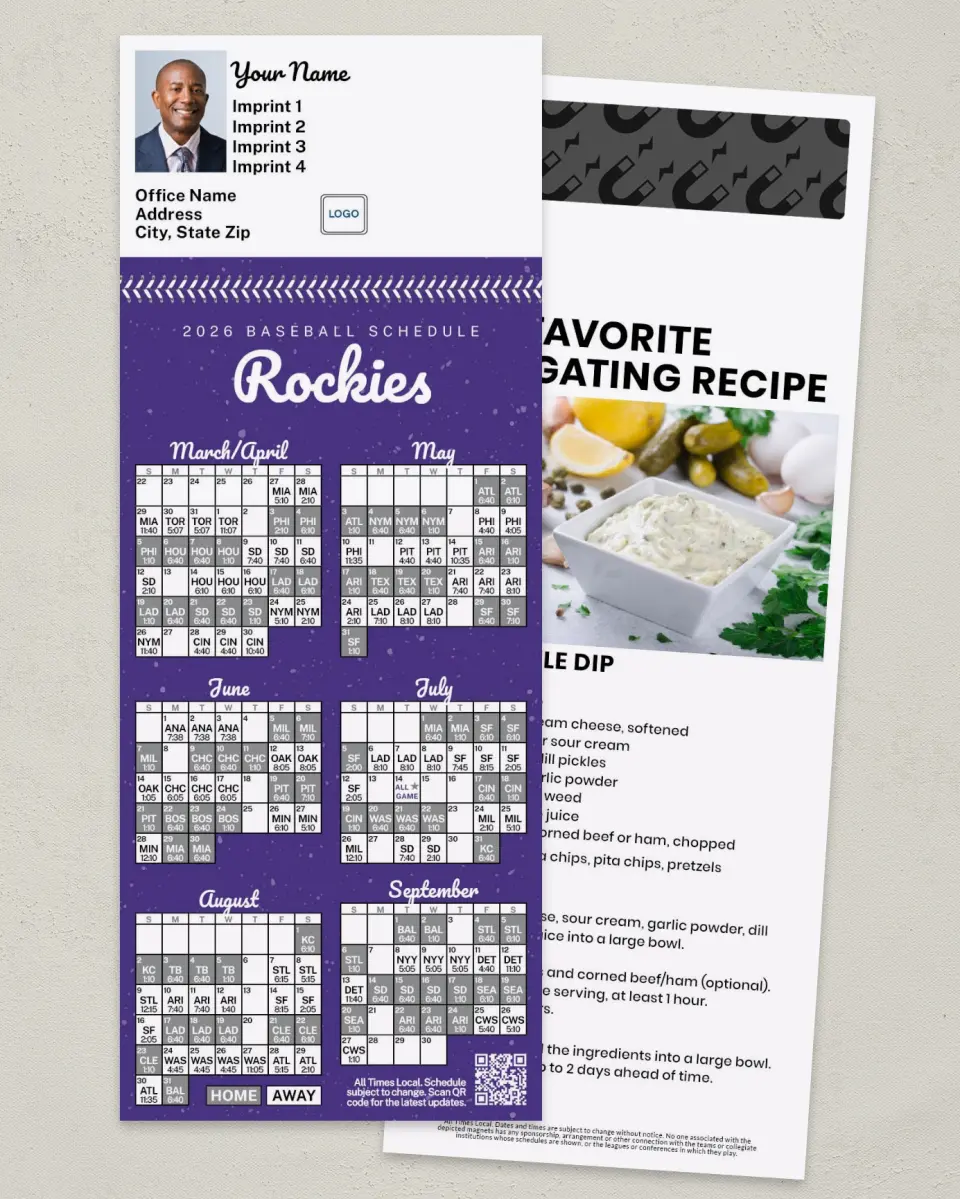 This is a 3½" x 9" Baseball Schedule MagnetCard called Rockies printed in full color