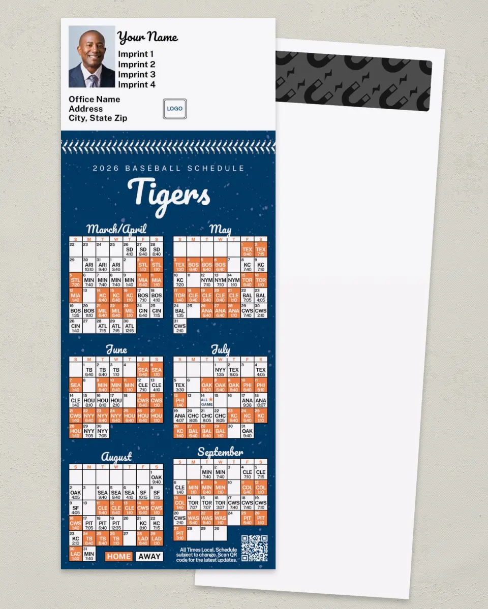 This is a 3½" x 9" Baseball Schedule MagnetCard called Tigers printed in full color