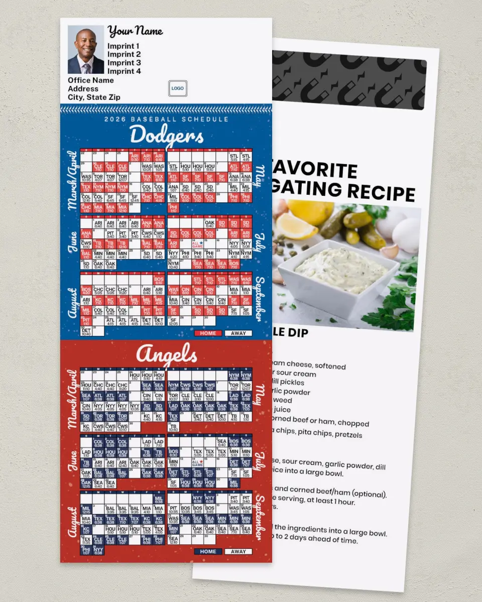 This is a 3½" x 9" Baseball Schedule MagnetCard called Dodgers & Angels printed in full color