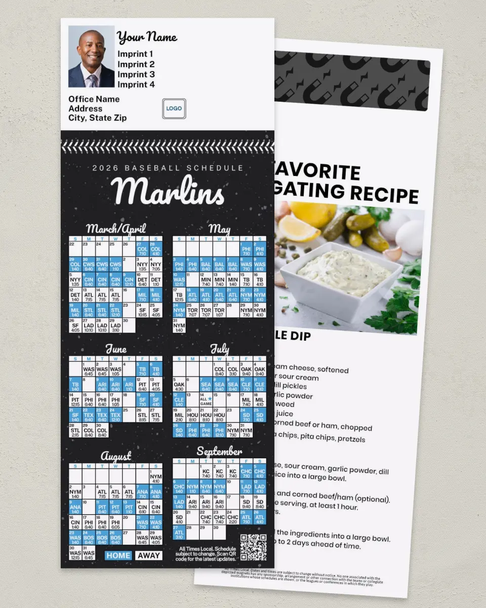 This is a 3½" x 9" Baseball Schedule MagnetCard called Marlins printed in full color