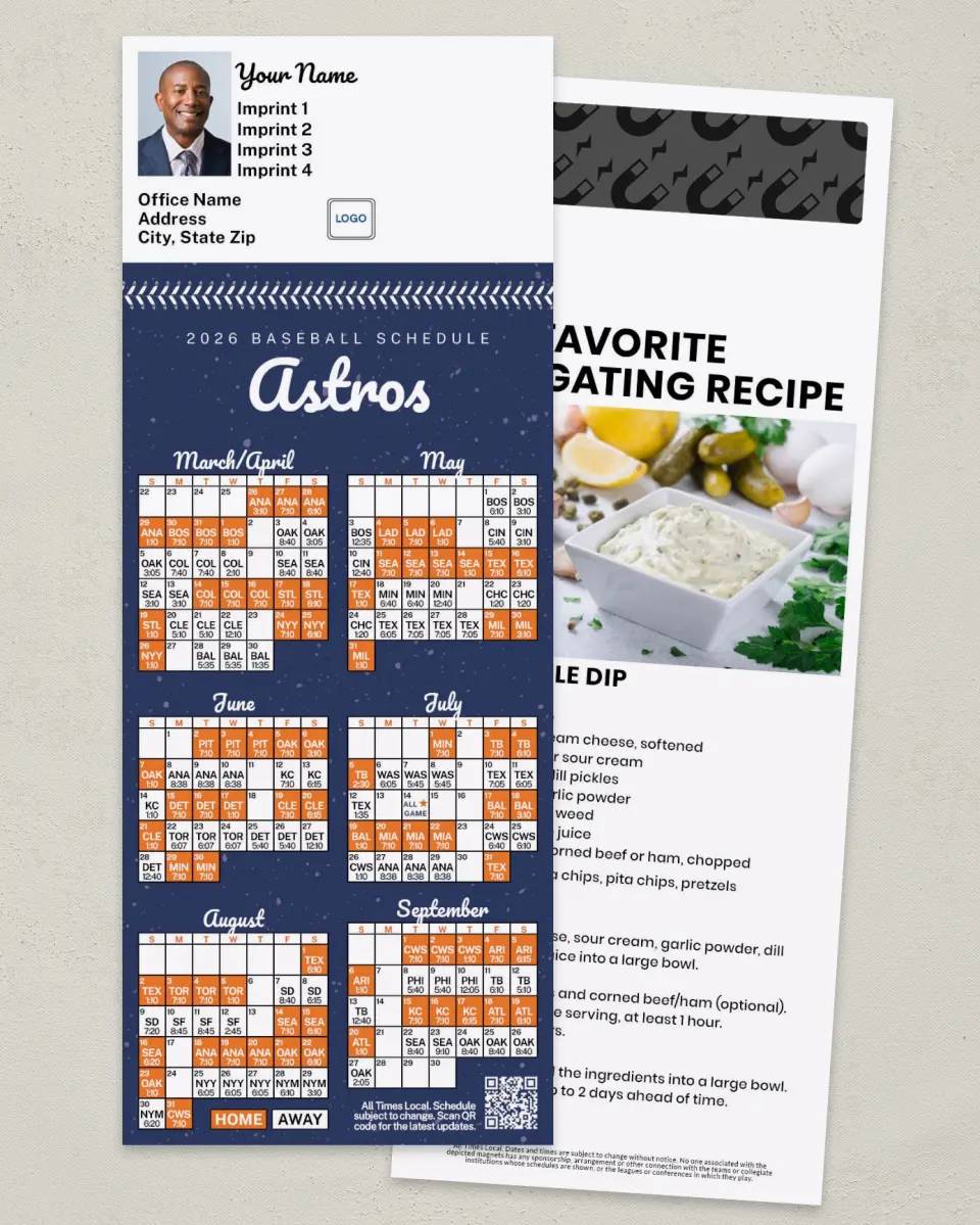 This is a 3½" x 9" Baseball Schedule MagnetCard called Astros printed in full color