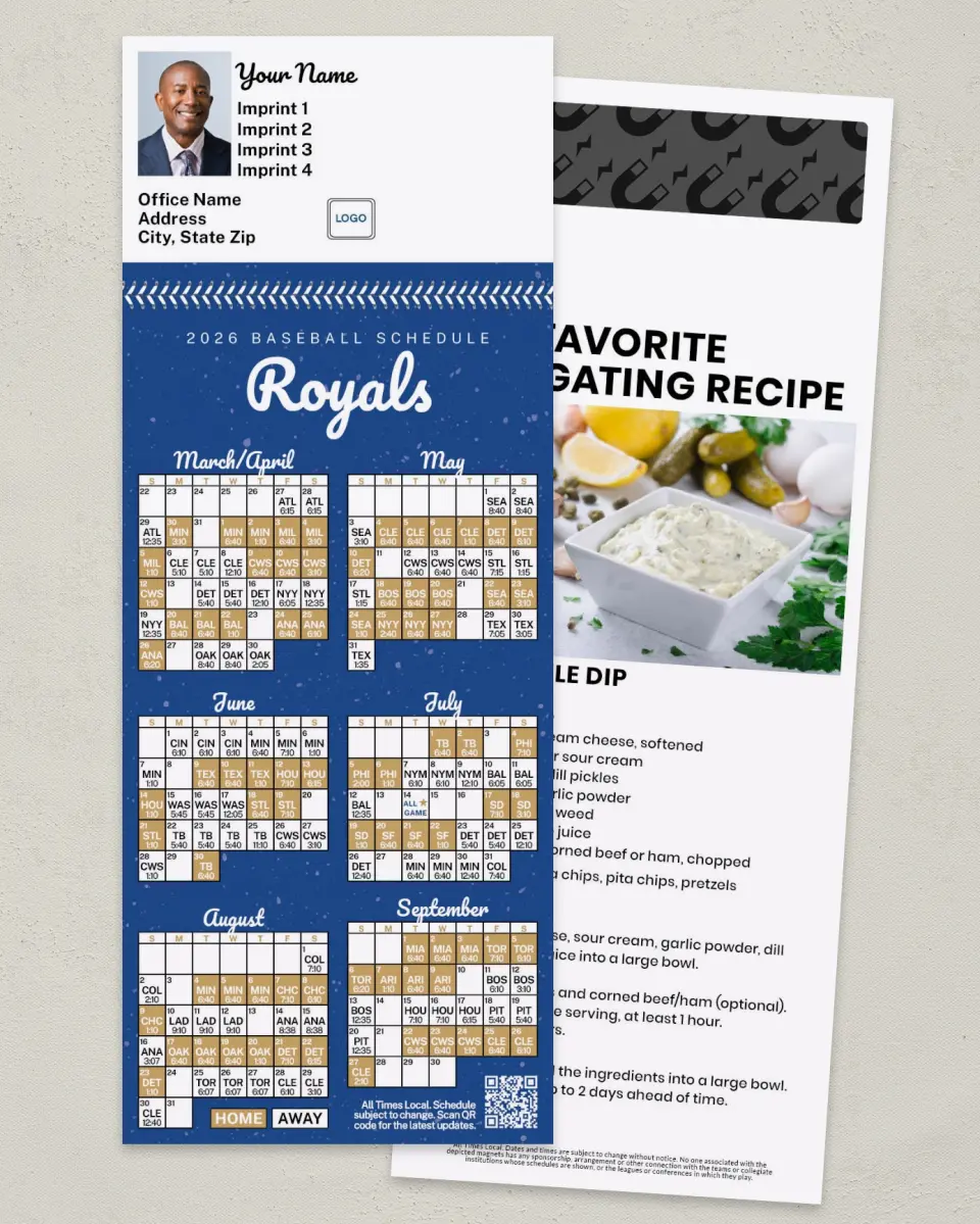 This is a 3½" x 9" Baseball Schedule MagnetCard called Royals printed in full color