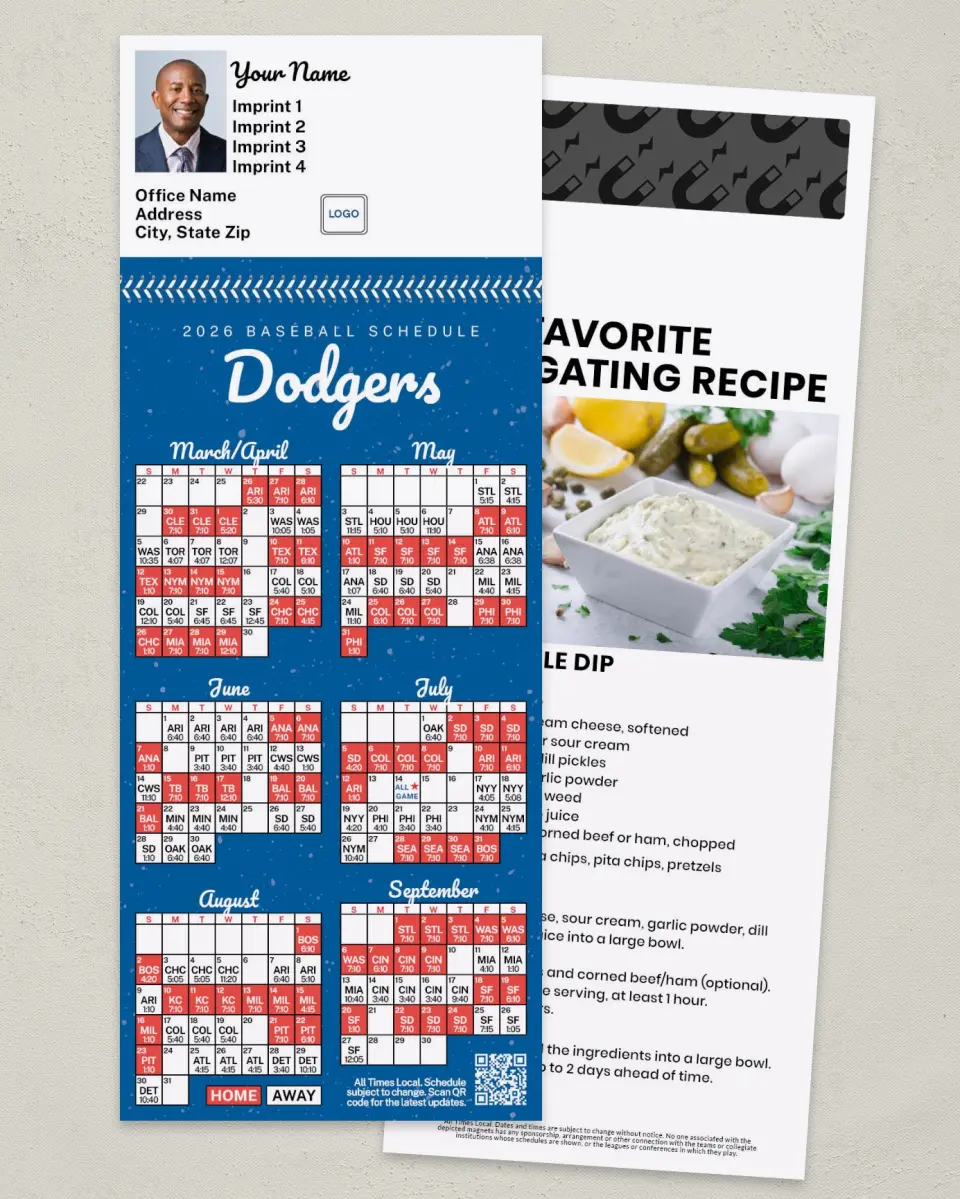 This is a 3½" x 9" Baseball Schedule MagnetCard called Dodgers printed in full color