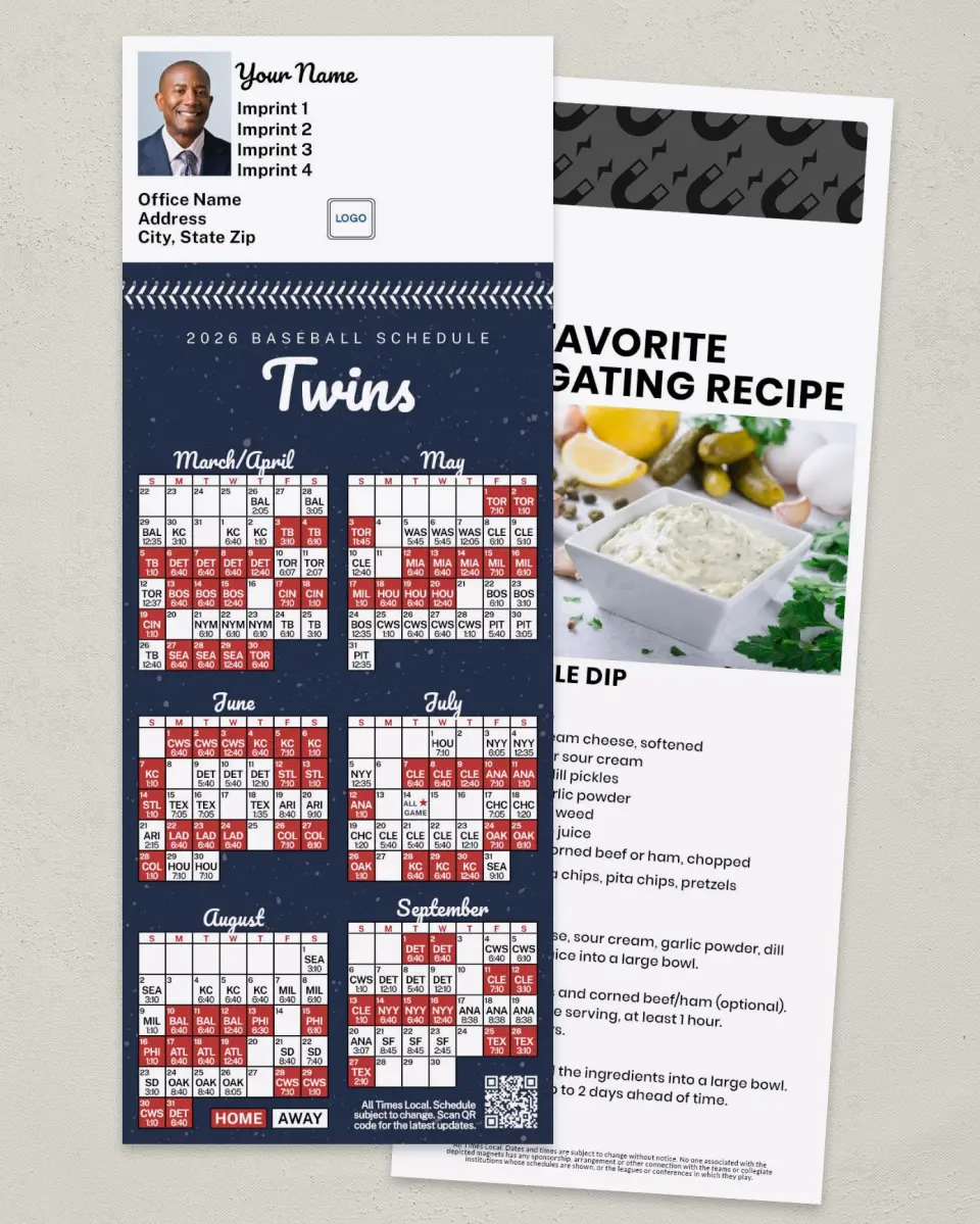 This is a 3½" x 9" Baseball Schedule MagnetCard called Twins printed in full color