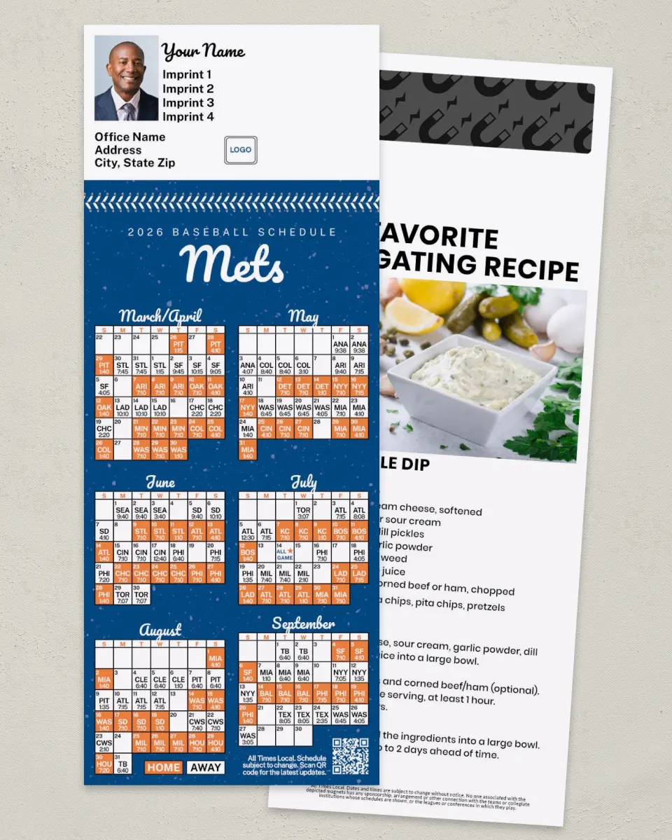 This is a 3½" x 9" Baseball Schedule MagnetCard called Mets printed in full color