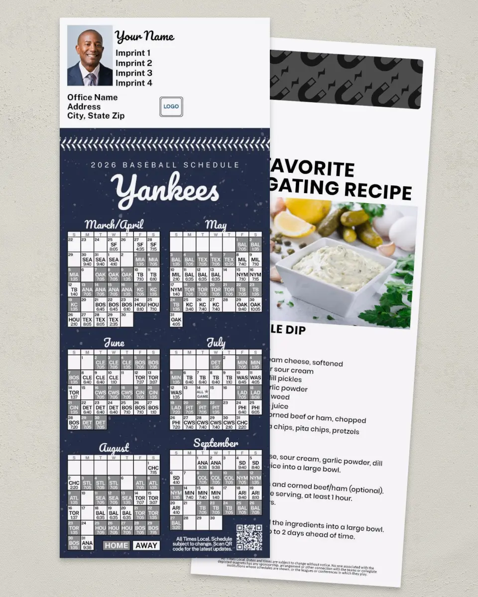 This is a 3½" x 9" Baseball Schedule MagnetCard called Yankees printed in full color