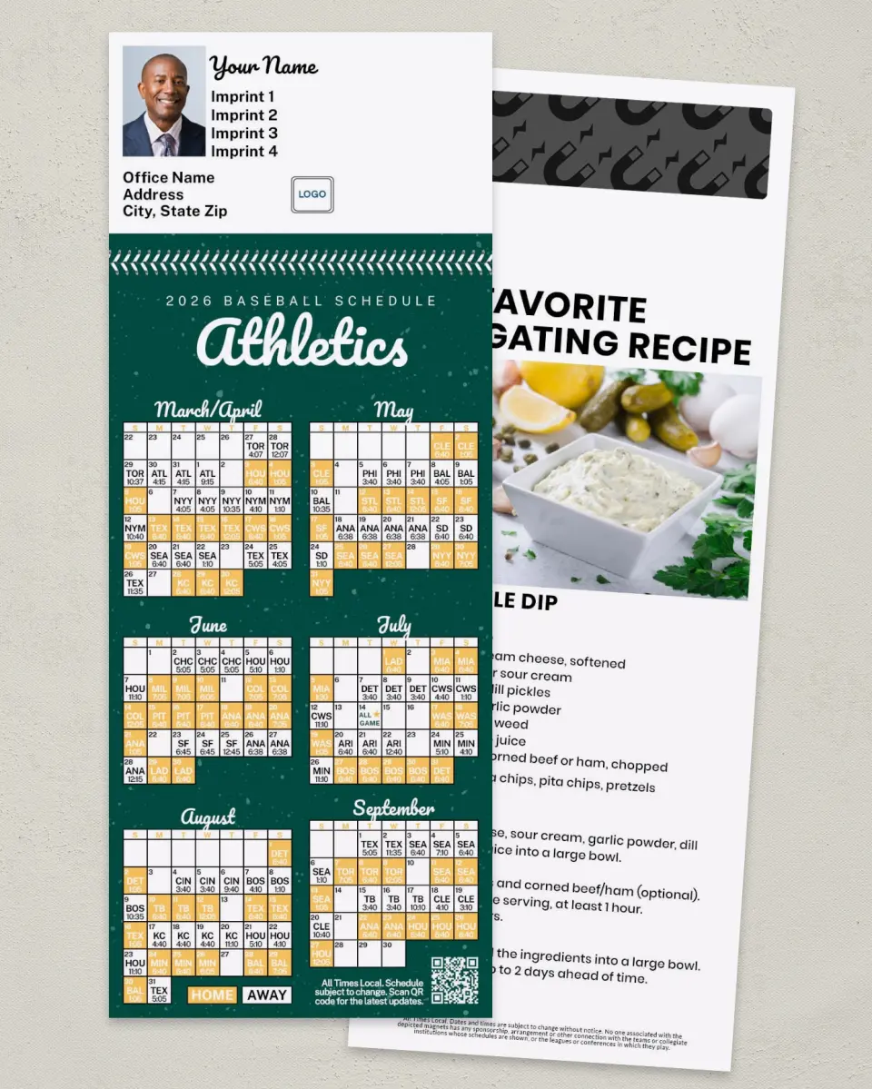 This is a 3½" x 9" Baseball Schedule MagnetCard called Athletics printed in full color