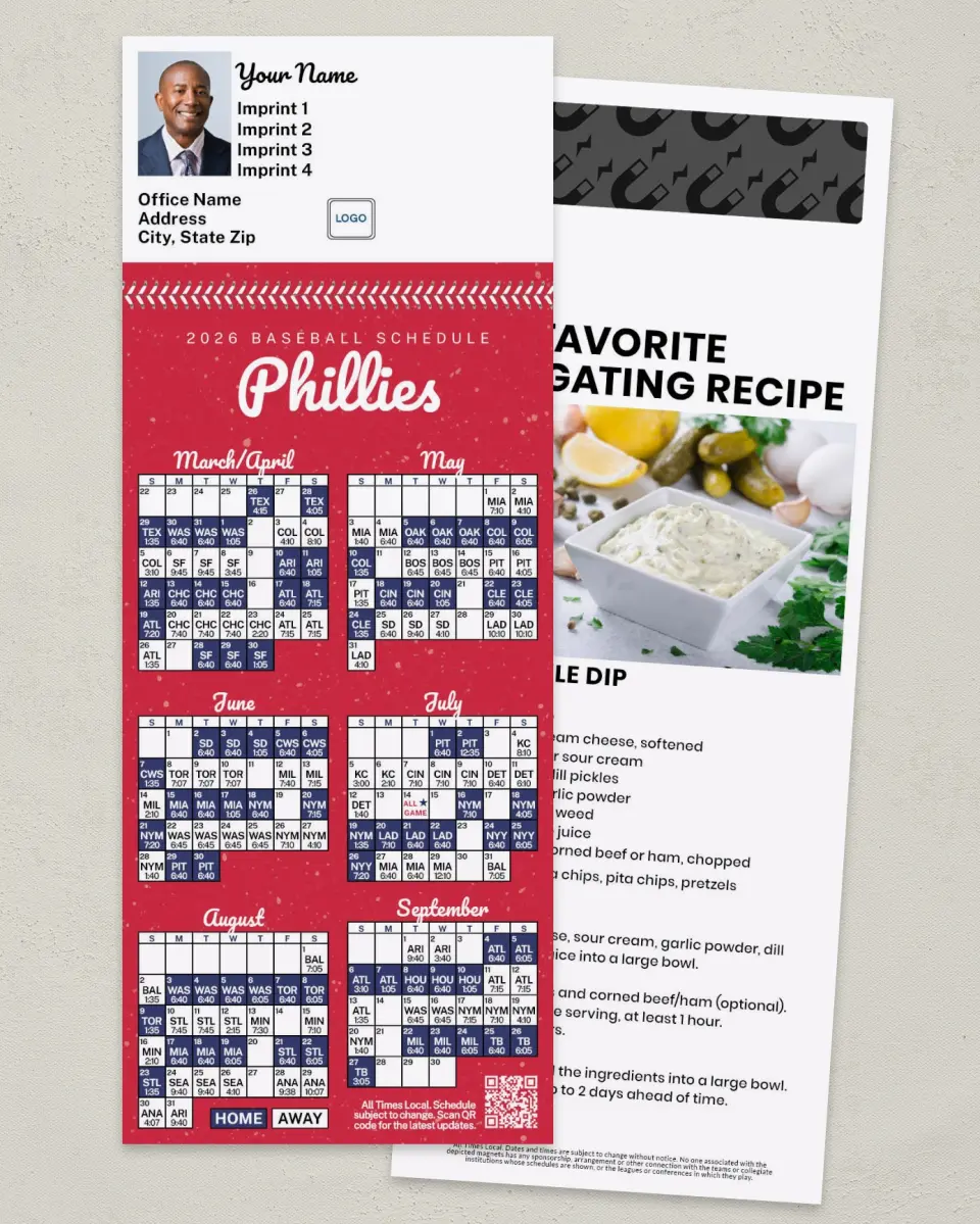 This is a 3½" x 9" Baseball Schedule MagnetCard called Phillies printed in full color