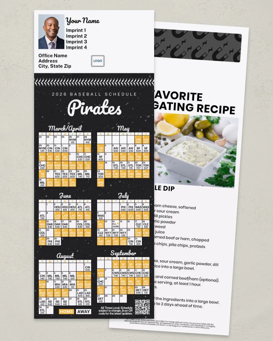 This is a 3½" x 9" Baseball Schedule MagnetCard called Pirates printed in full color