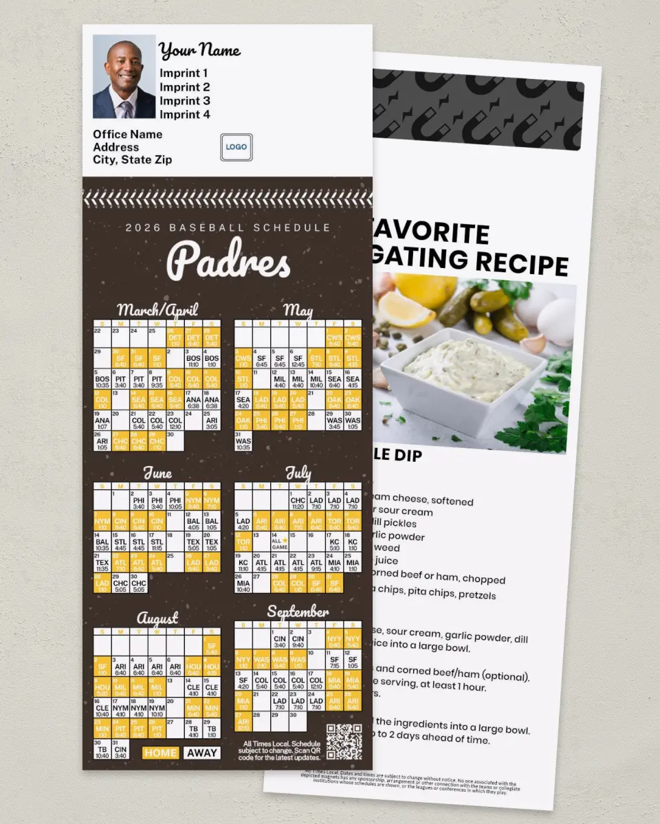 This is a 3½" x 9" Baseball Schedule MagnetCard called Padres printed in full color