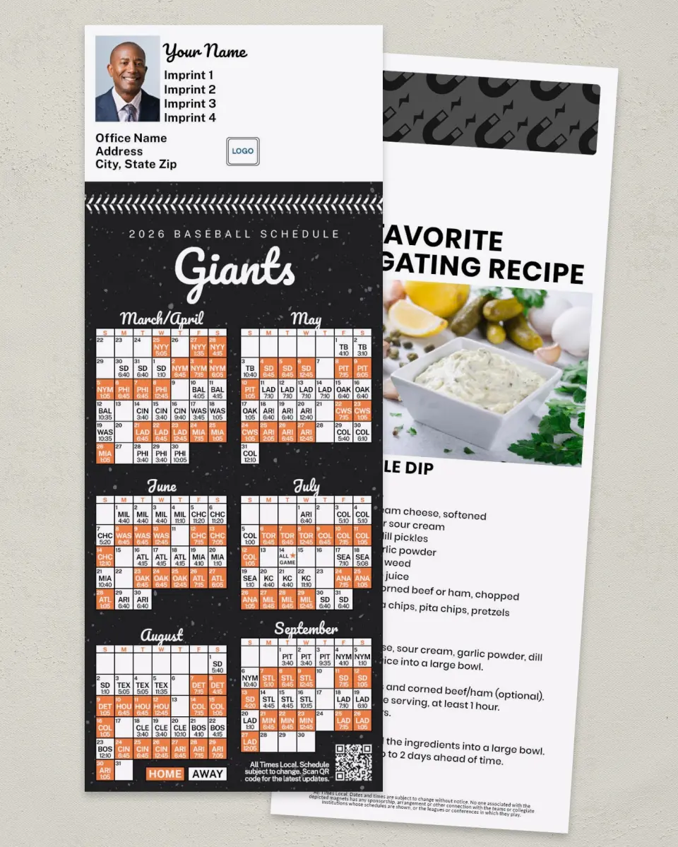 This is a 3½" x 9" Baseball Schedule MagnetCard called Giants printed in full color