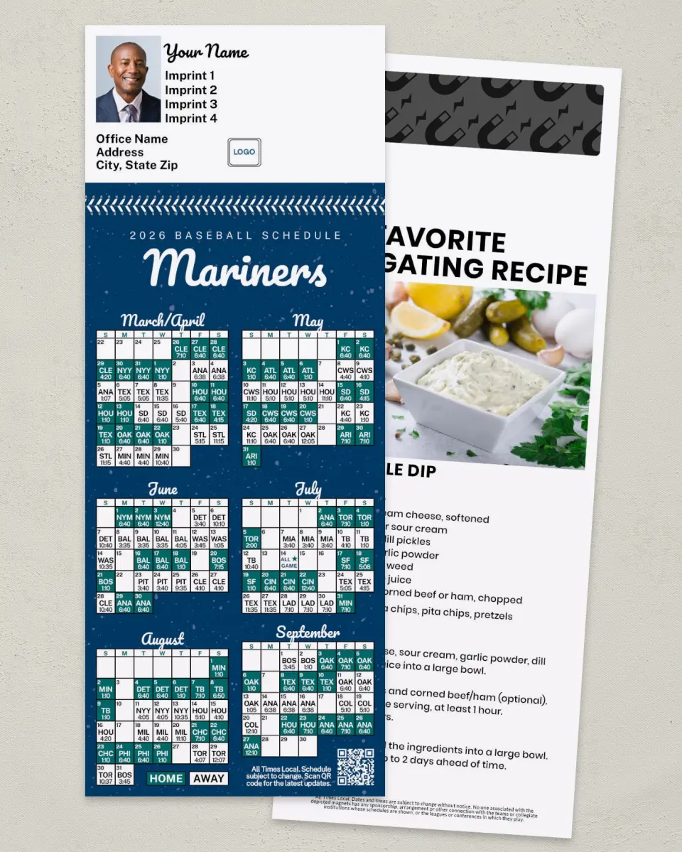 This is a 3½" x 9" Baseball Schedule MagnetCard called Mariners printed in full color
