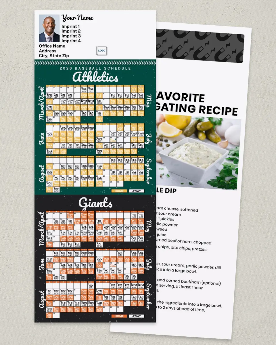This is a 3½" x 9" Baseball Schedule MagnetCard called Athletics & Giants printed in full color