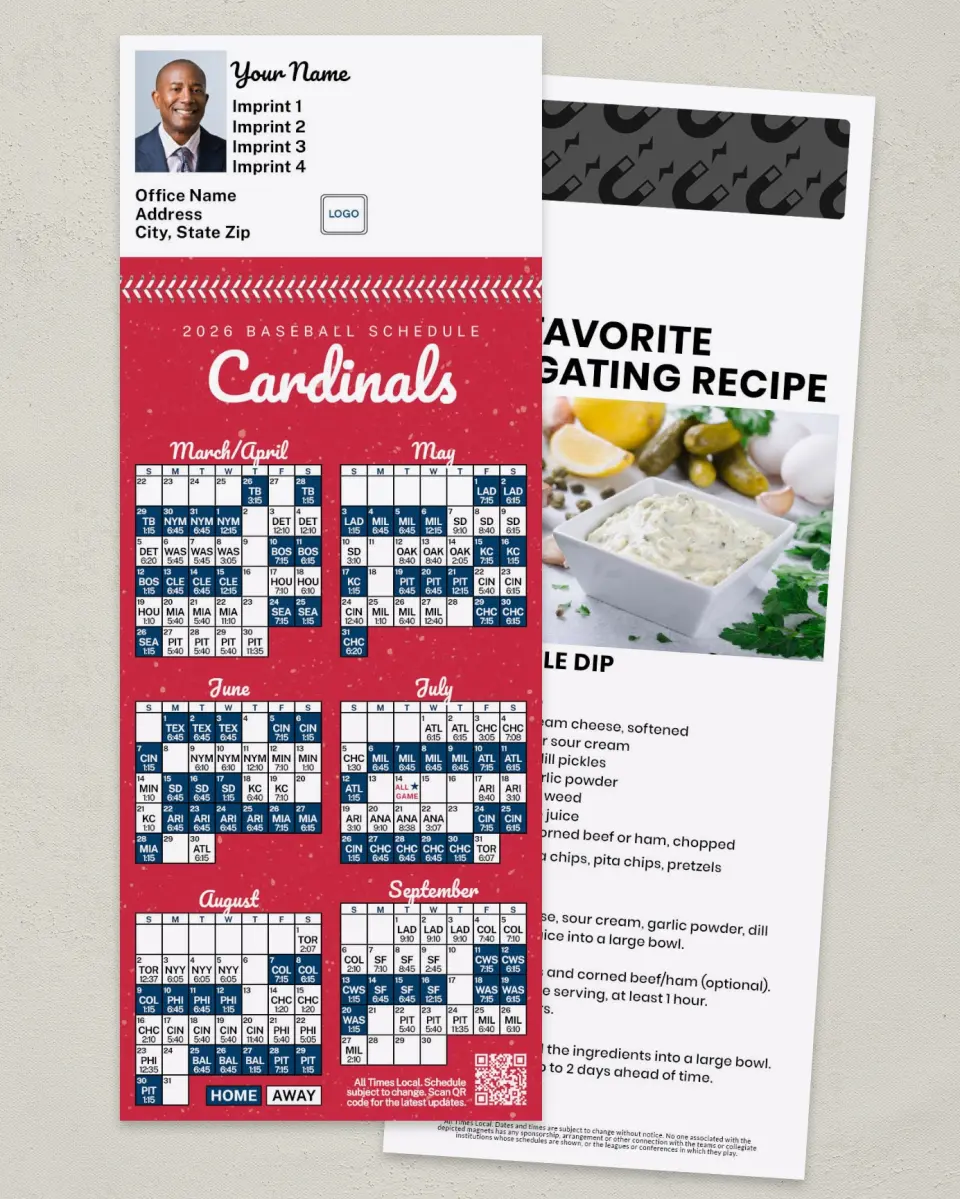 This is a 3½" x 9" Baseball Schedule MagnetCard called Cardinals printed in full color