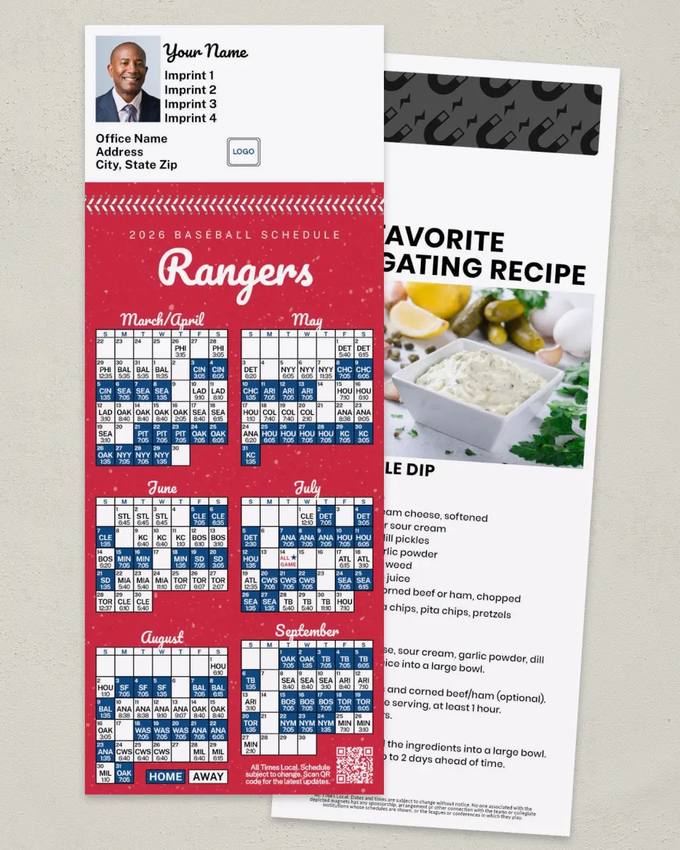 This is a 3½" x 9" Baseball Schedule MagnetCard called Rangers printed in full color