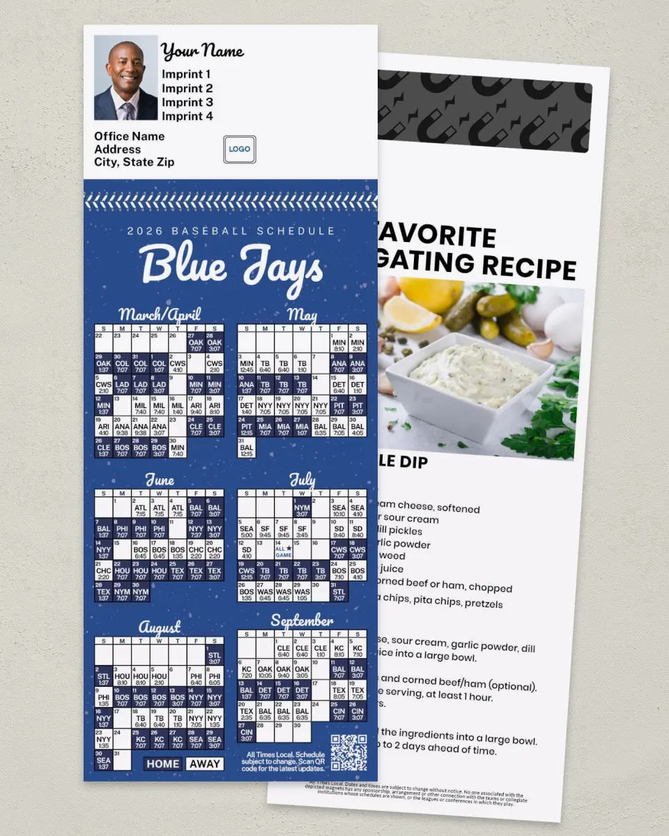 This is a 3½" x 9" Baseball Schedule MagnetCard called Blue Jays printed in full color