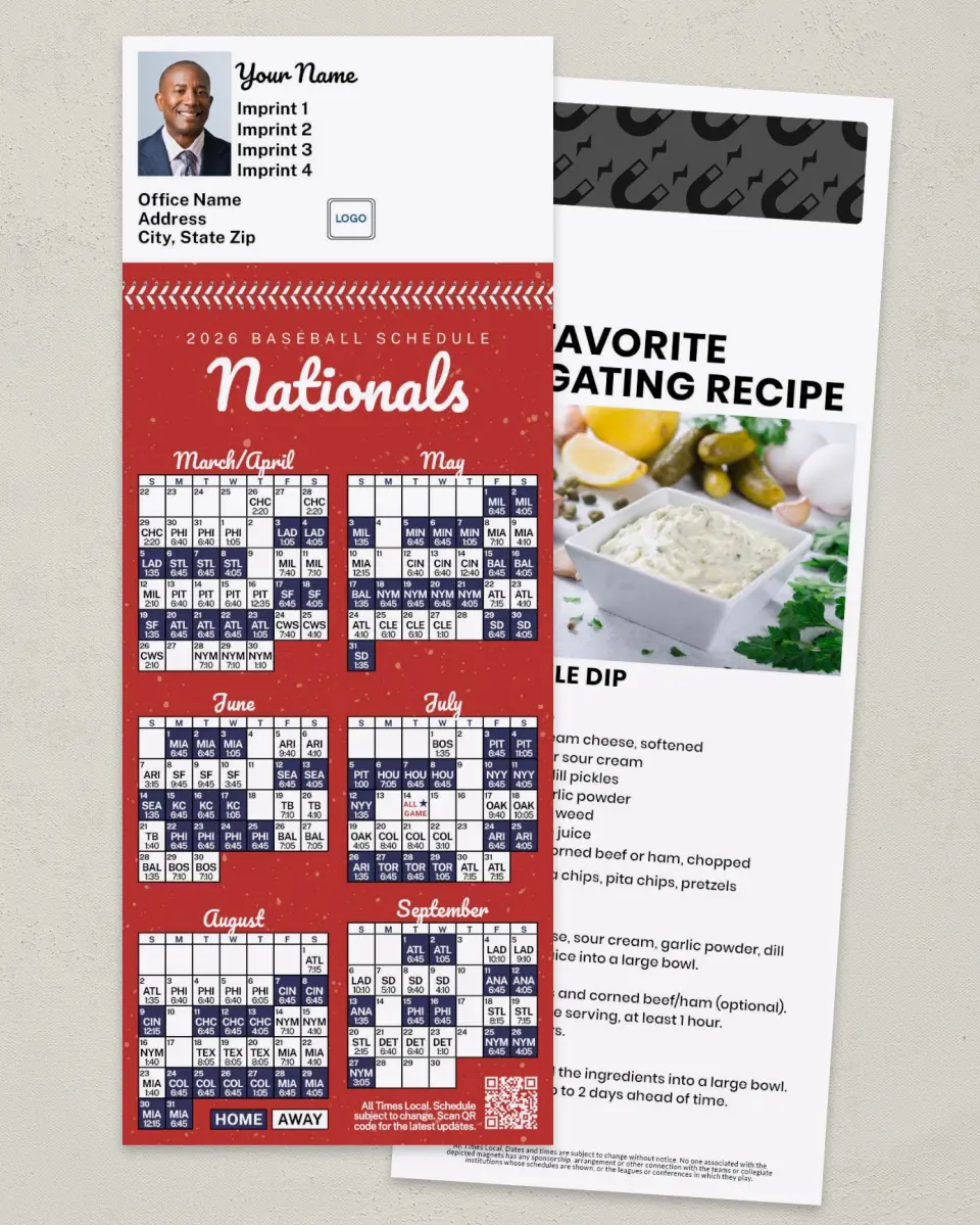 This is a 3½" x 9" Baseball Schedule MagnetCard called Nationals printed in full color