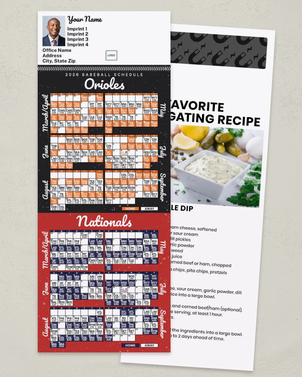 This is a 3½" x 9" Baseball Schedule MagnetCard called Orioles & Nationals printed in full color