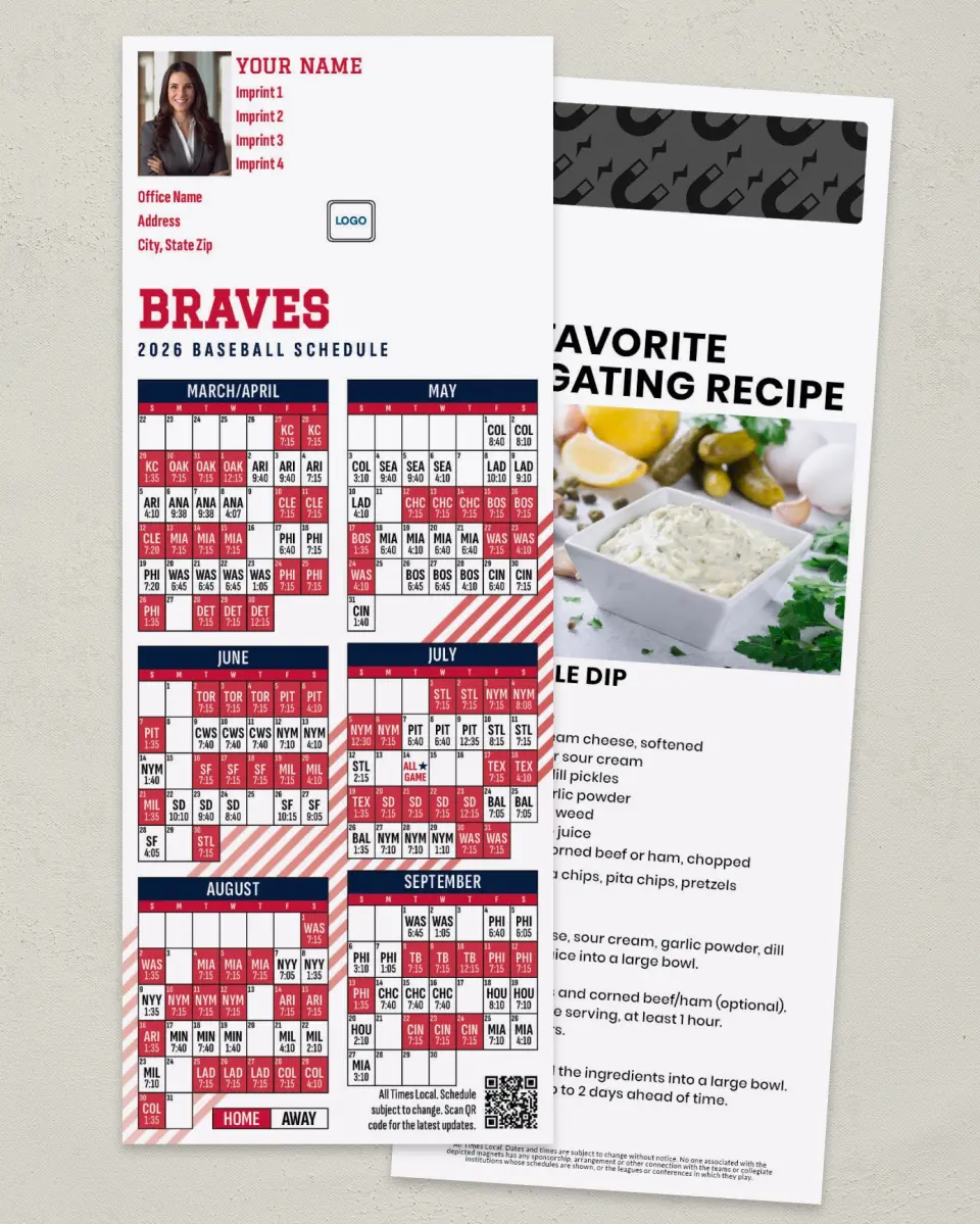 This is a 3½" x 9" Baseball Schedule MagnetCard called Braves printed in full color