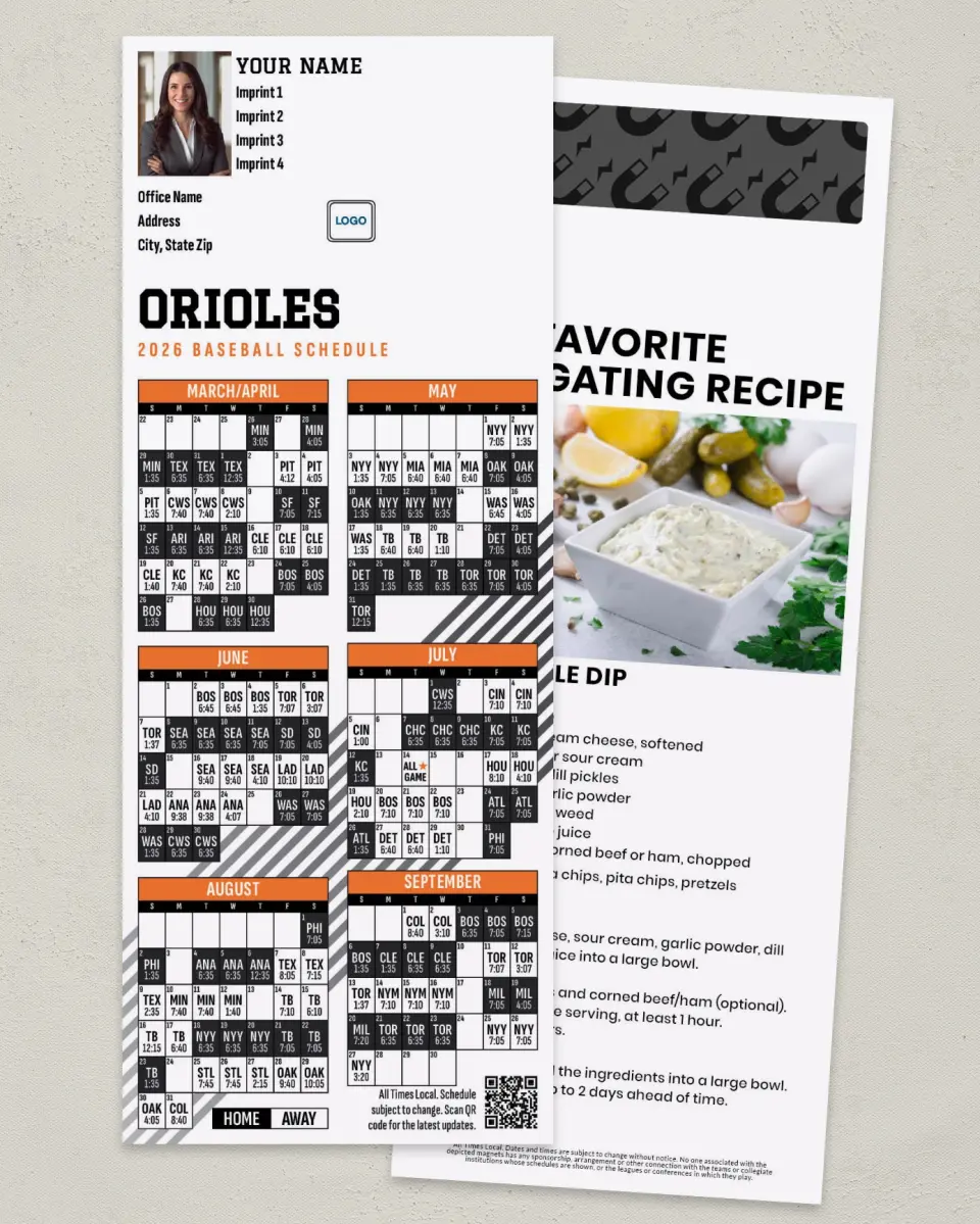 This is a 3½" x 9" Baseball Schedule MagnetCard called Orioles printed in full color