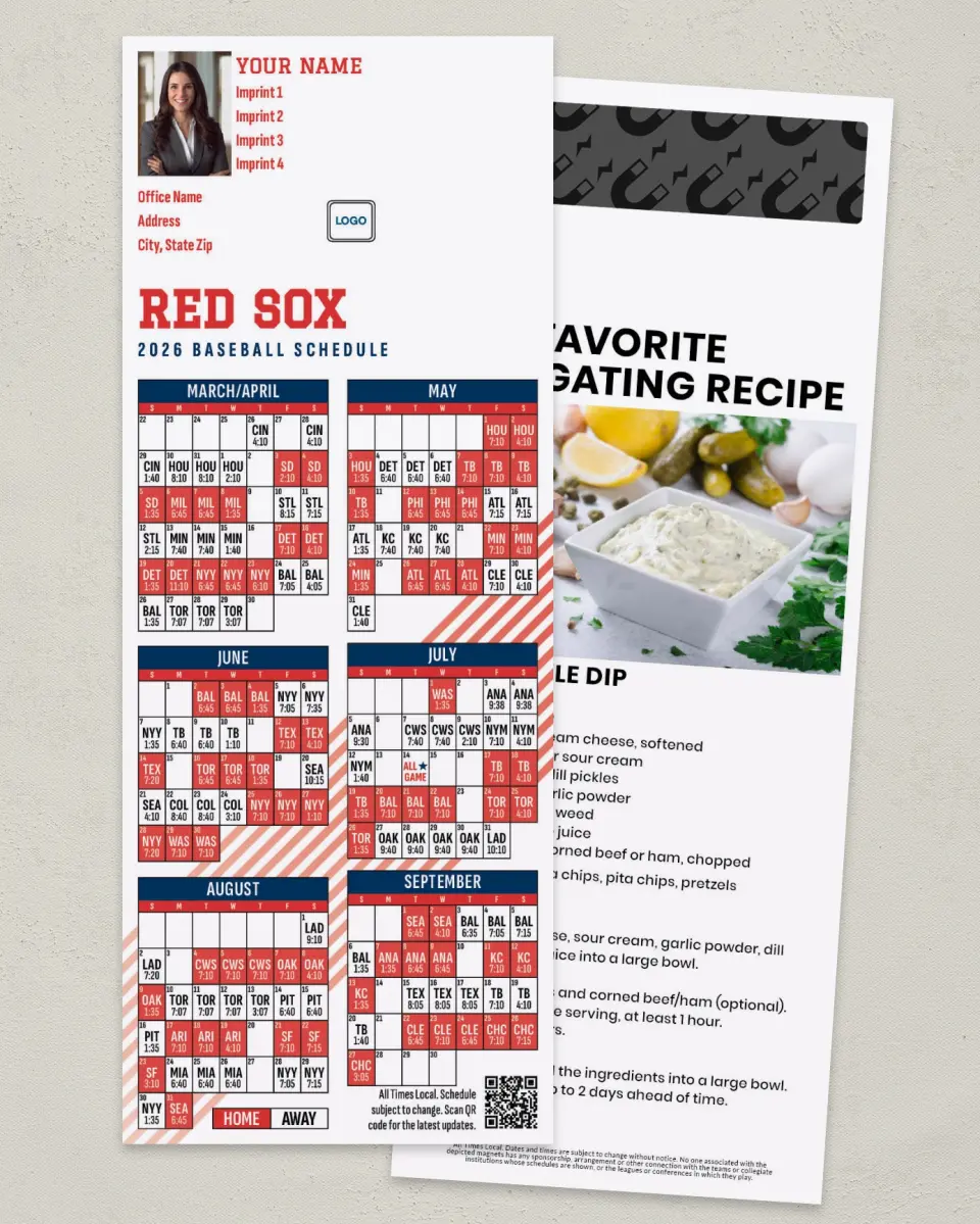 This is a 3½" x 9" Baseball Schedule MagnetCard called Red Sox printed in full color