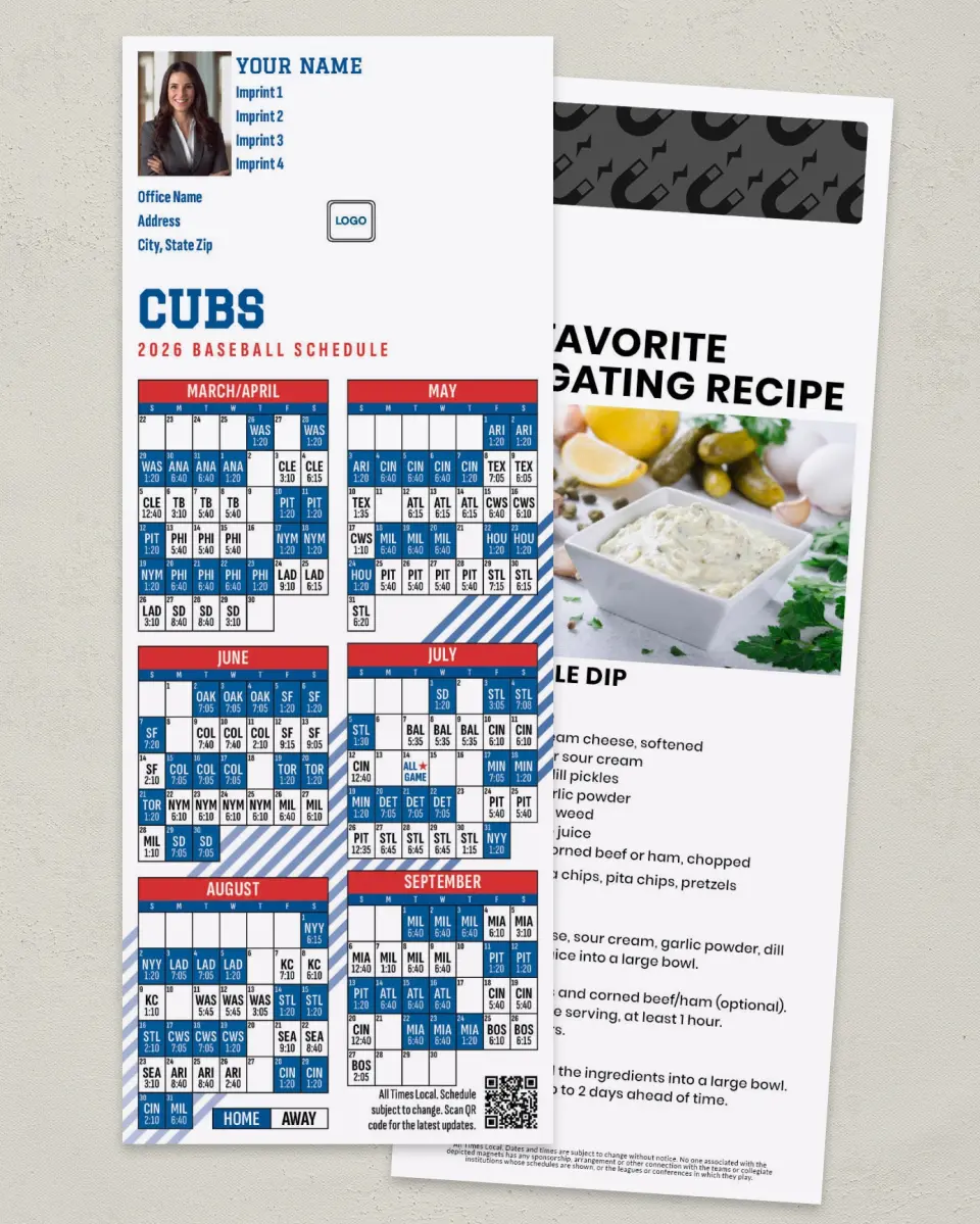 This is a 3½" x 9" Baseball Schedule MagnetCard called Cubs printed in full color