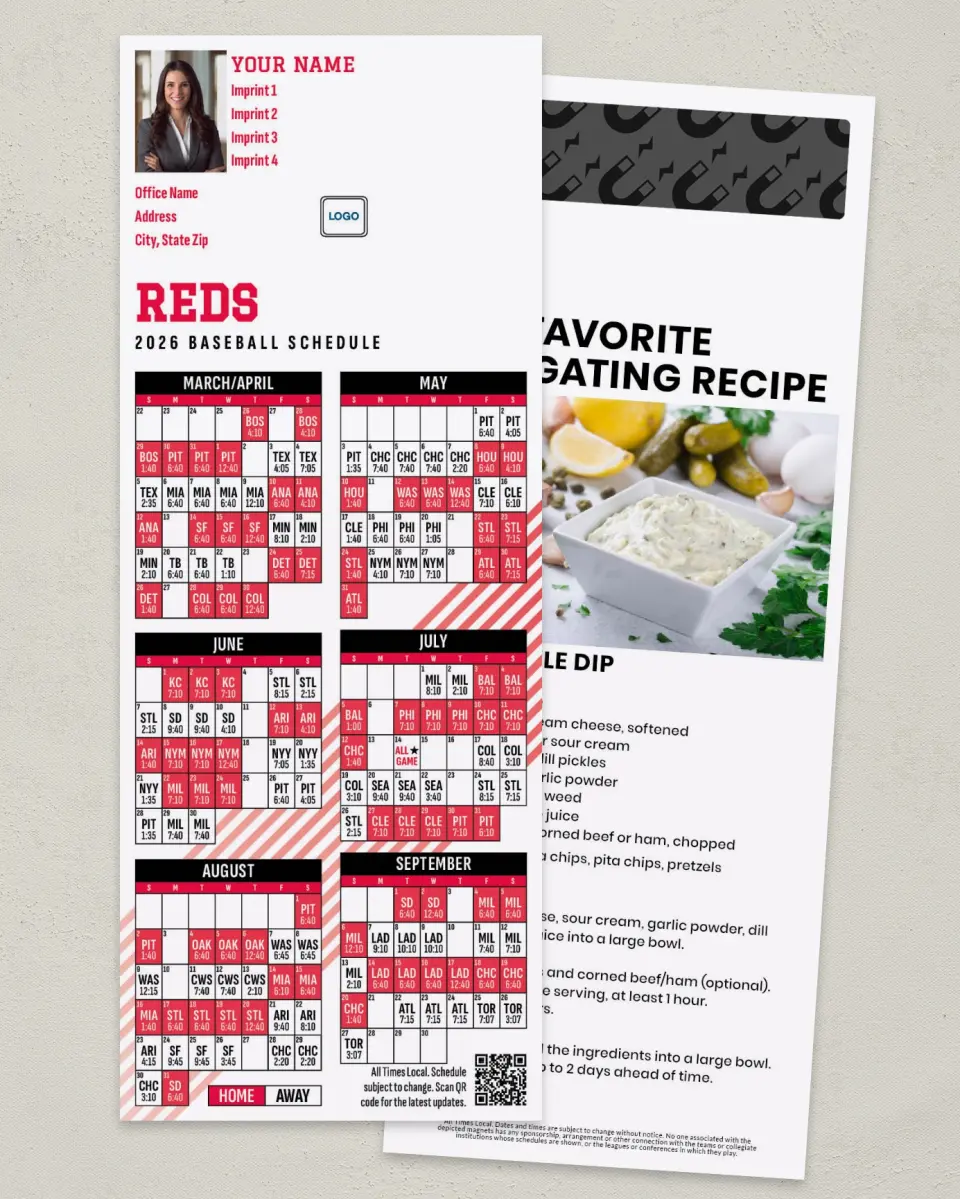 This is a 3½" x 9" Baseball Schedule MagnetCard called Reds printed in full color