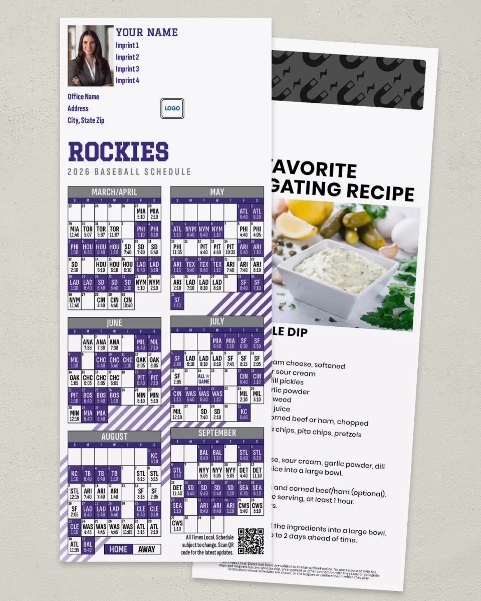 This is a 3½" x 9" Baseball Schedule MagnetCard called Rockies printed in full color