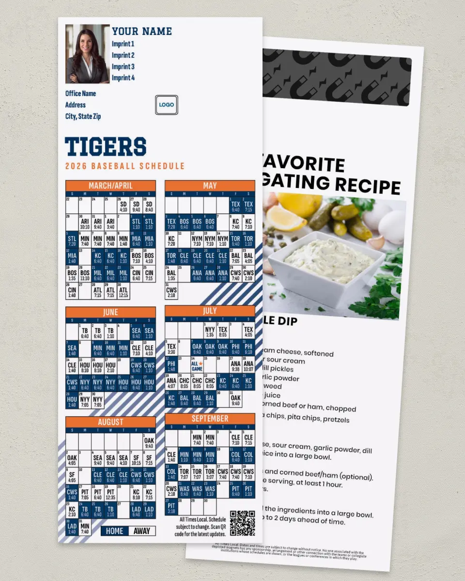 This is a 3½" x 9" Baseball Schedule MagnetCard called Tigers printed in full color
