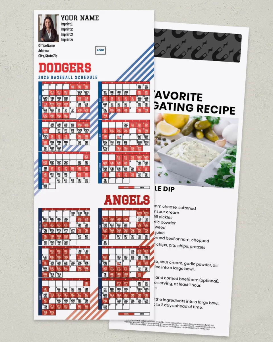 This is a 3½" x 9" Baseball Schedule MagnetCard called Dodgers & Angels printed in full color