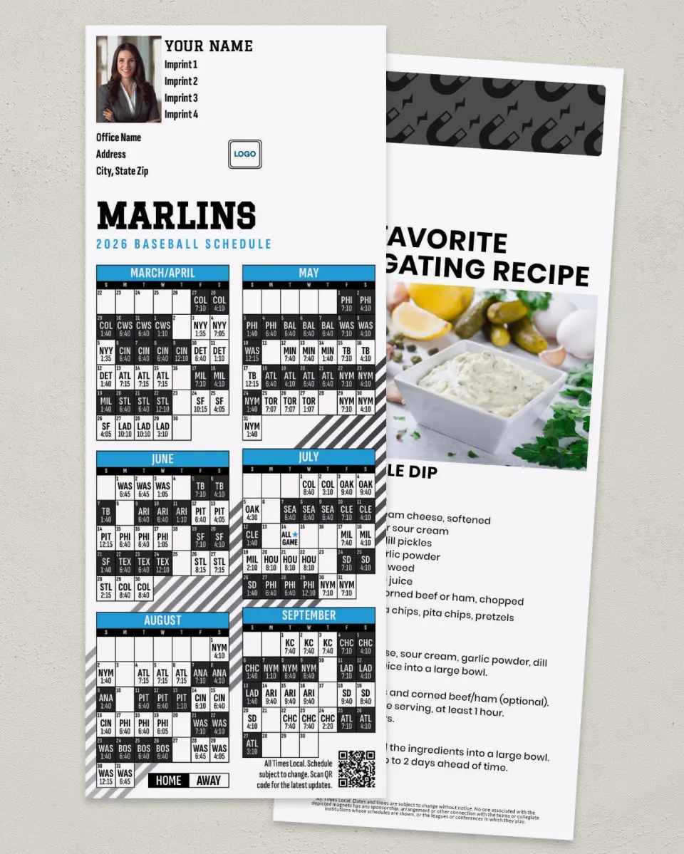 This is a 3½" x 9" Baseball Schedule MagnetCard called Marlins printed in full color