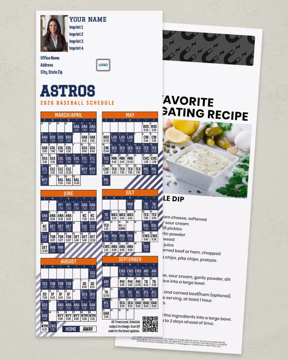 This is a 3½" x 9" Baseball Schedule MagnetCard called Astros printed in full color