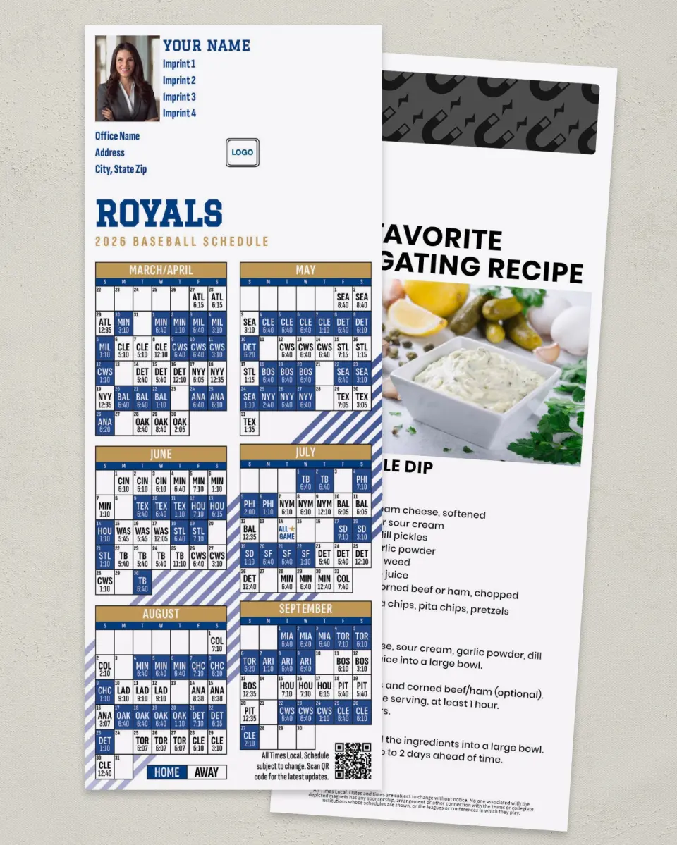 This is a 3½" x 9" Baseball Schedule MagnetCard called Royals printed in full color