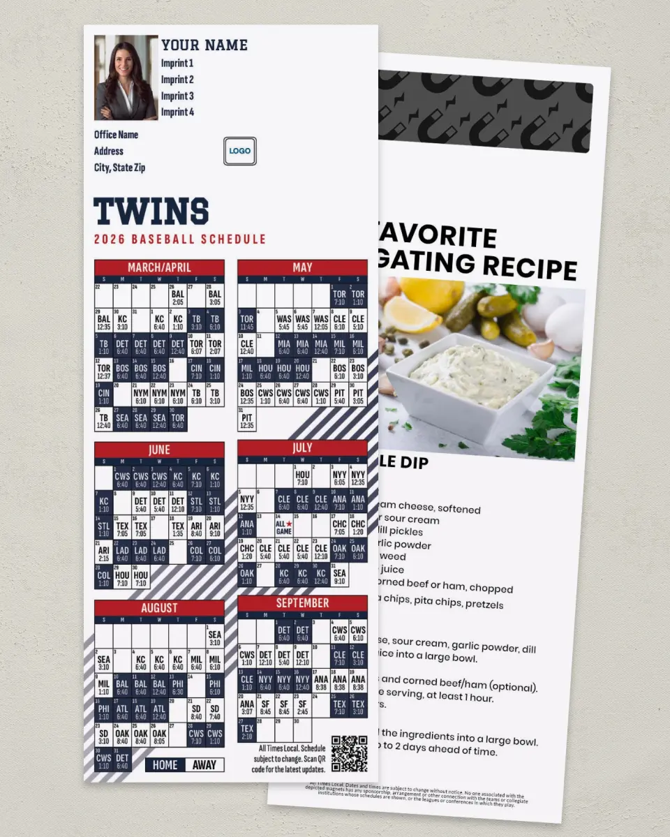 This is a 3½" x 9" Baseball Schedule MagnetCard called Twins printed in full color