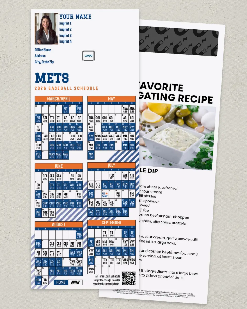 This is a 3½" x 9" Baseball Schedule MagnetCard called Mets printed in full color