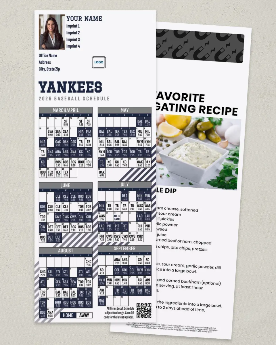 This is a 3½" x 9" Baseball Schedule MagnetCard called Yankees printed in full color