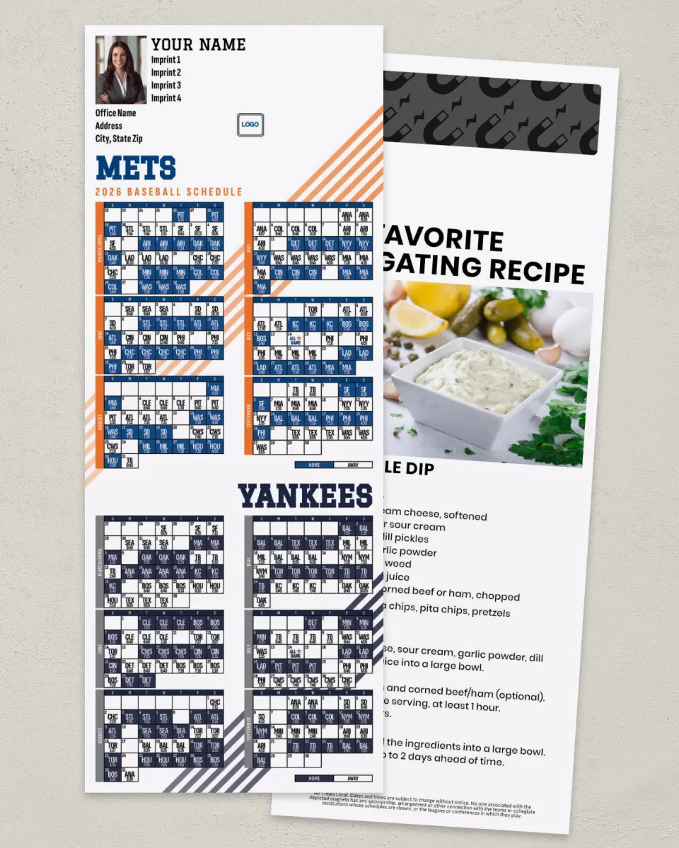 This is a 3½" x 9" Baseball Schedule MagnetCard called Yankees & Mets printed in full color