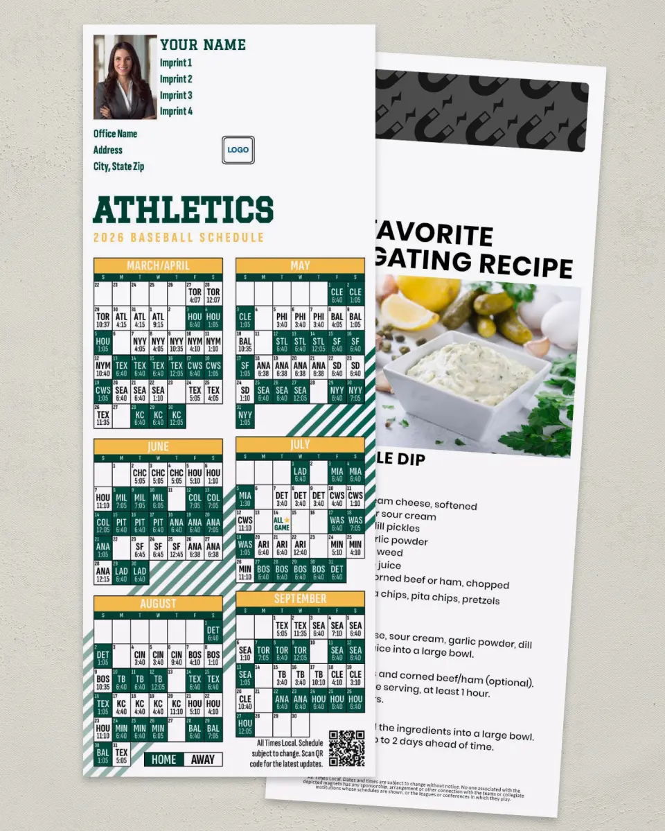 This is a 3½" x 9" Baseball Schedule MagnetCard called Athletics printed in full color