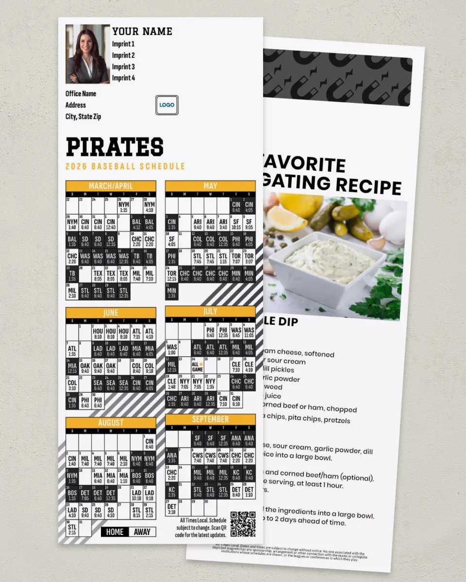 This is a 3½" x 9" Baseball Schedule MagnetCard called Pirates printed in full color