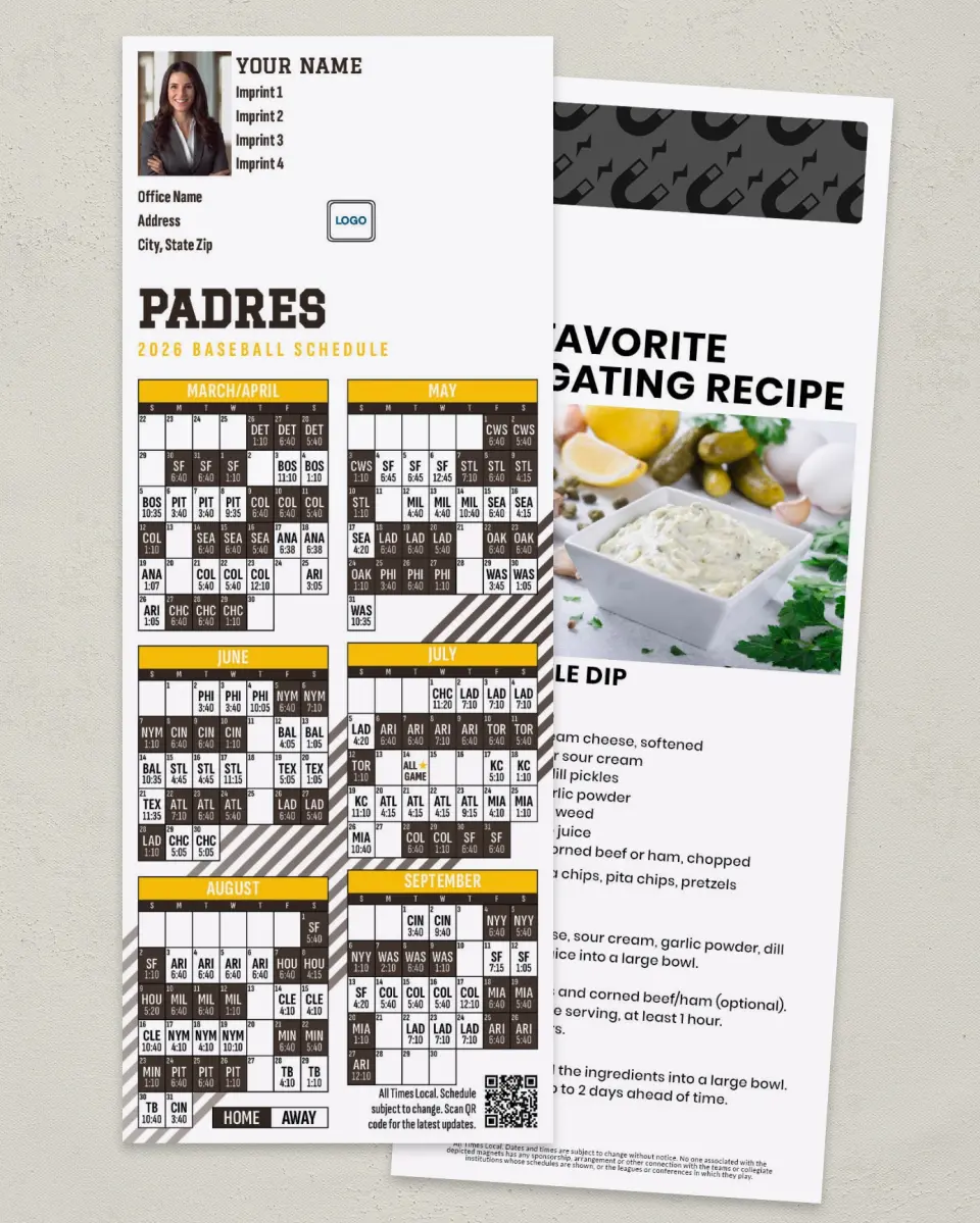 This is a 3½" x 9" Baseball Schedule MagnetCard called Padres printed in full color