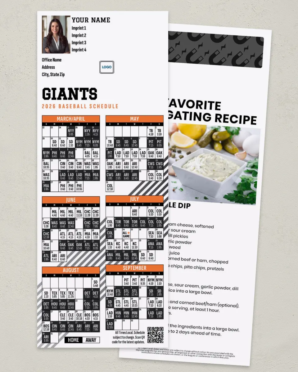 This is a 3½" x 9" Baseball Schedule MagnetCard called Giants printed in full color