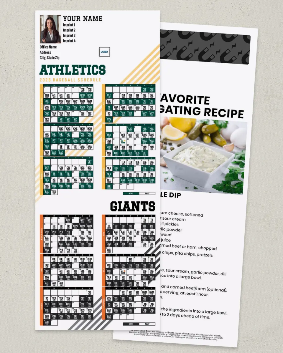 This is a 3½" x 9" Baseball Schedule MagnetCard called Athletics & Giants printed in full color