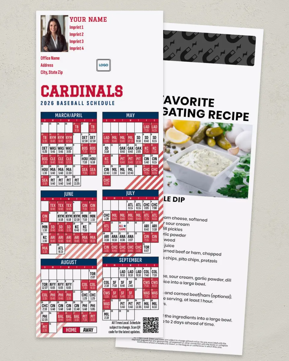 This is a 3½" x 9" Baseball Schedule MagnetCard called Cardinals printed in full color