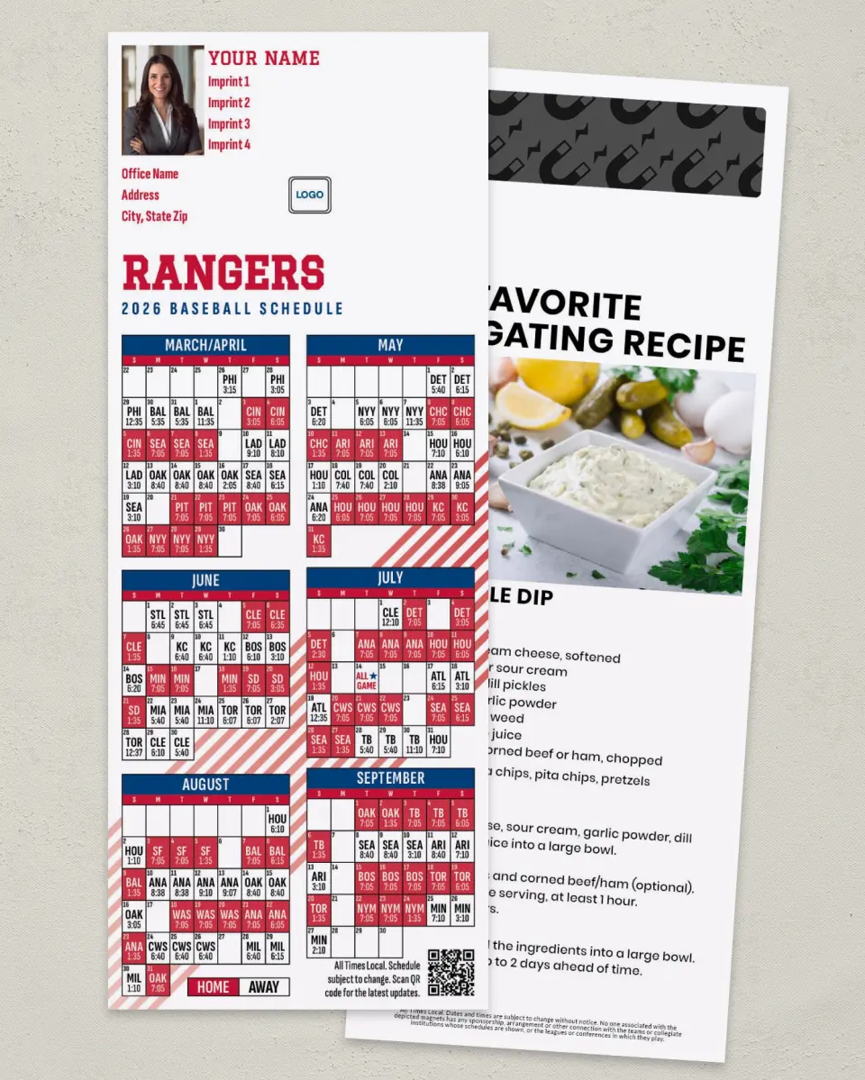 This is a 3½" x 9" Baseball Schedule MagnetCard called Rangers printed in full color