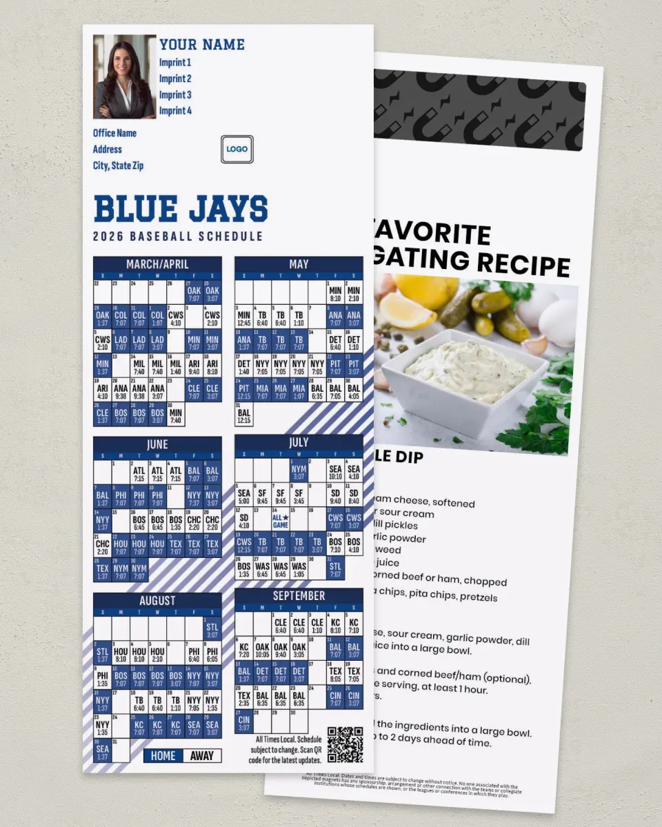 This is a 3½" x 9" Baseball Schedule MagnetCard called Blue Jays printed in full color