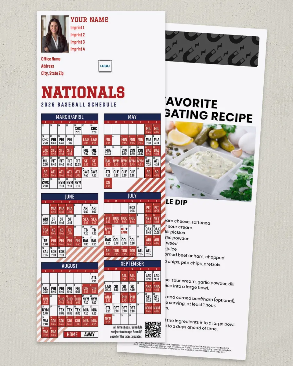 This is a 3½" x 9" Baseball Schedule MagnetCard called Nationals printed in full color