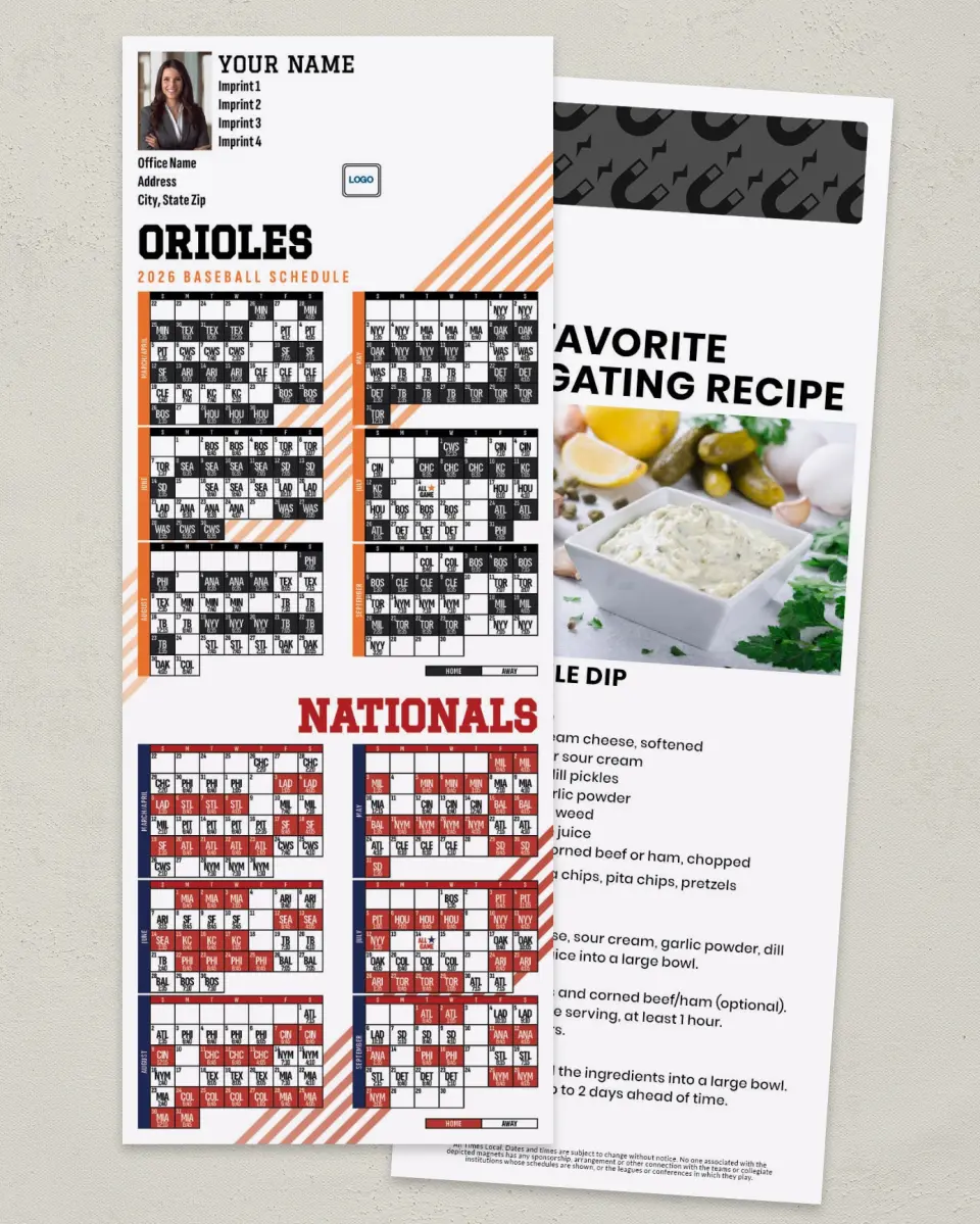 This is a 3½" x 9" Baseball Schedule MagnetCard called Orioles & Nationals printed in full color