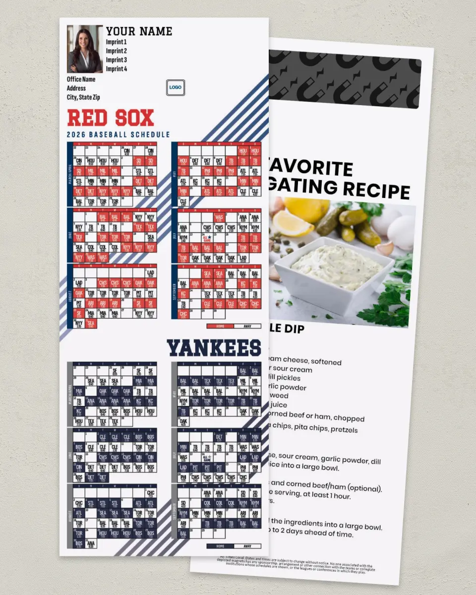 This is a 3½" x 9" Baseball Schedule MagnetCard called Red Sox & Yankees printed in full color